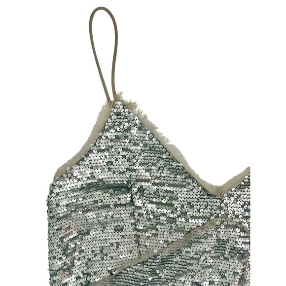 Mango Silver Sequin & Mesh Trim V-Neck Spaghetti Strap Mini Party Cocktail Dress - Picture 16 of 16